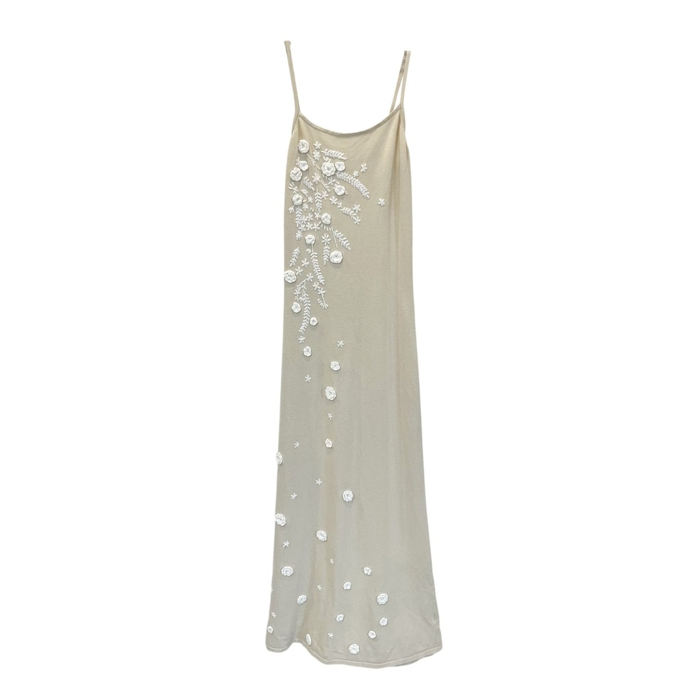 Camila Coelho Tan Knit 3D Floral Maxi Dress Embroidered Boho Chic Size Small